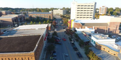 An aerial view of downtown Decatur, near the Princess Theatre.
