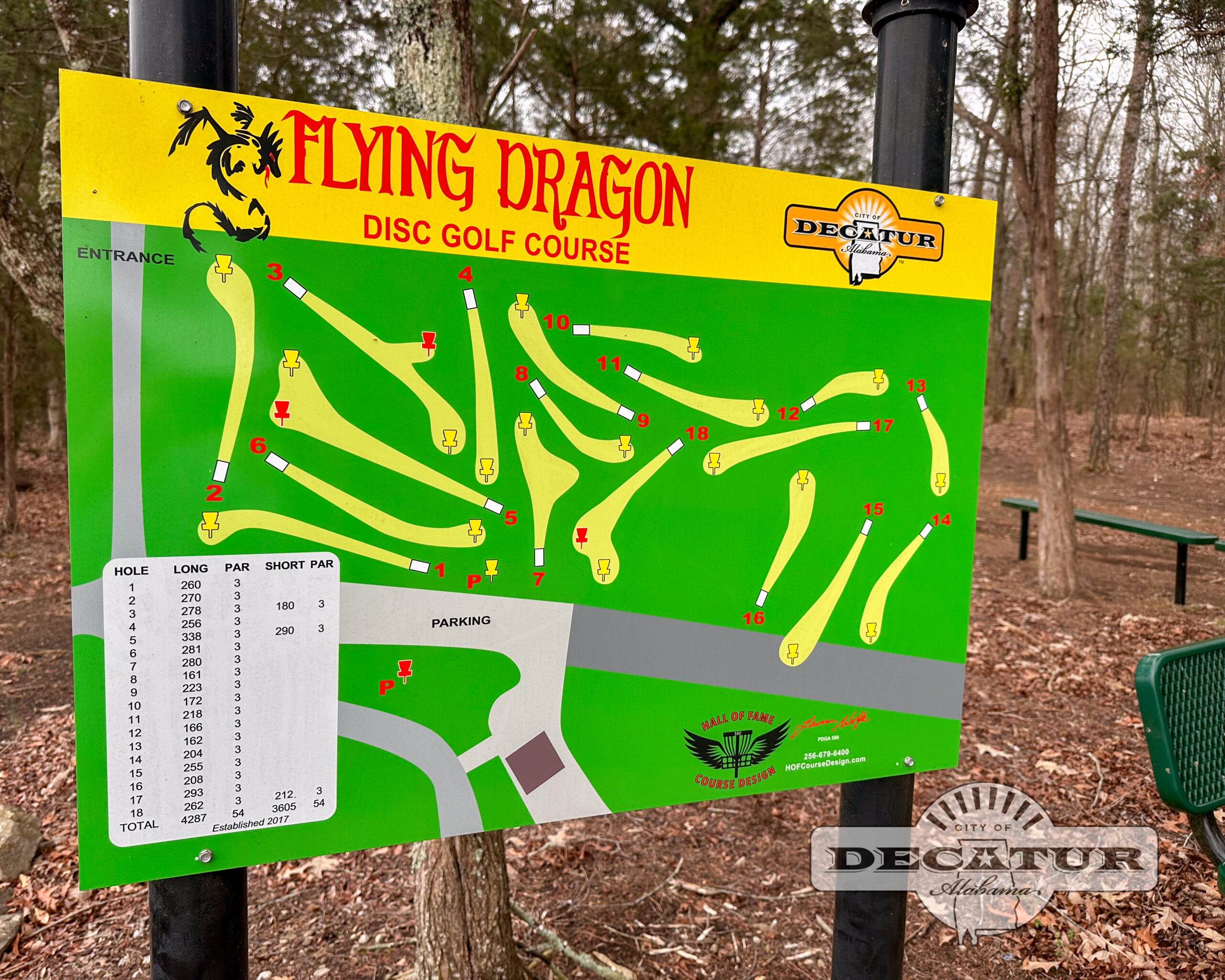 A course map is displayed at the first hole of the Flying Dragon Disc Golf Course at Jack Allen Sports Complex in Decatur.