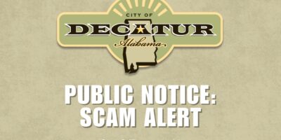 This is a graphic with the City of Decatur logo and writing that states Public Notice: Scam Alert