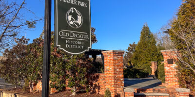 A picture of the entrance and sign of now Odom-Frazier Park in downtown Decatur.