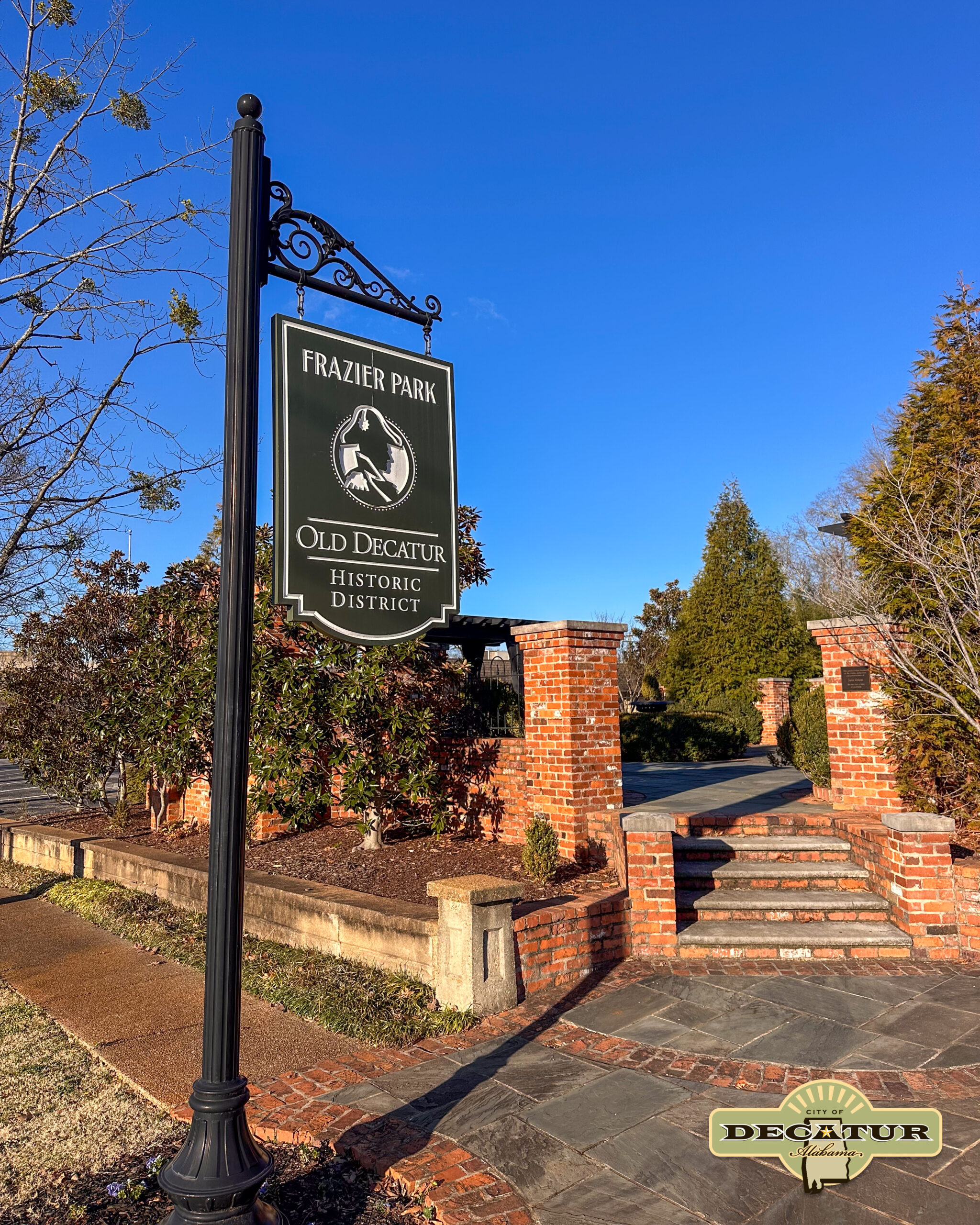A picture of the entrance and sign of now Odom-Frazier Park in downtown Decatur.