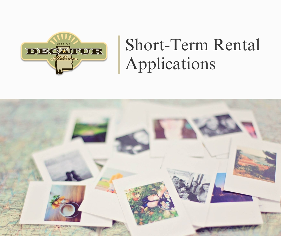 A graphic that with the City of Decatur logo and writing that states Short-Term Rental Applications