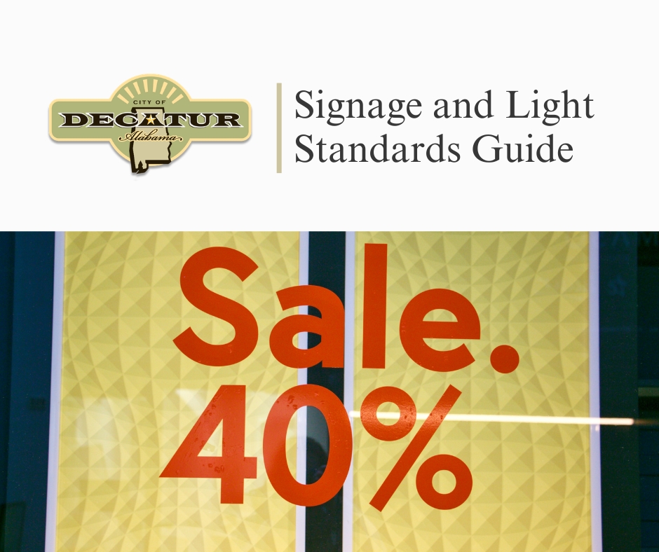A graphic that states Signage and Light Standards Guide, with a sign that states Sale, 40%.